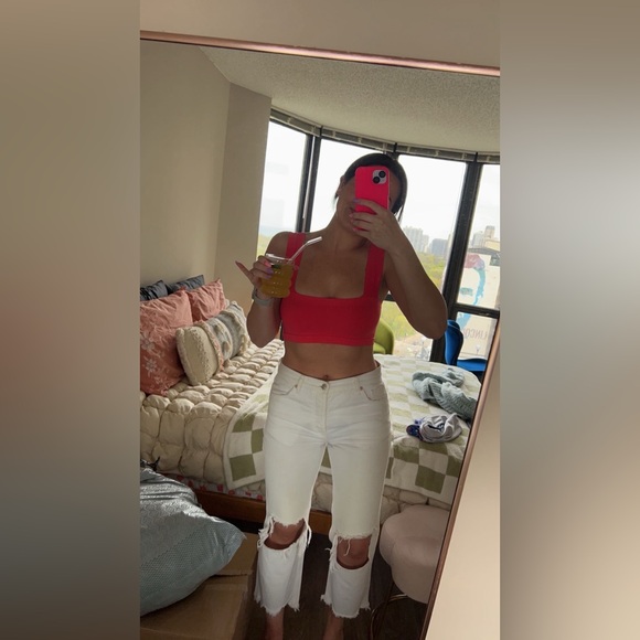 Free People Maggie Mid Rise Straight Leg Jeans White - Picture 2 of 4